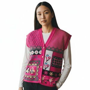 Vintage Womens Medium Knit Short Sleeve Cardigan Sweater Vest Mixed Print Pink